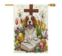 Drapeau de maison pour chien de printemps Pâques Bretagne 71,1 x 101,6 cm double face pour décoration extérieure, œufs de campagne floraux, chiot en toile, drapeau de maison, motif amusant pour