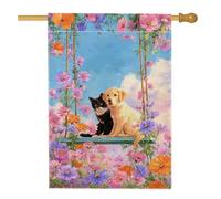Drapeau de maison pour chien, fleurs de chat fantaisie printanières bleues double face en toile de jute décorative pour extérieur, cour, pelouse, terrasse, porte, entrée, 71,1 x 101,6 cm