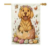 Drapeau de maison pour chien Golden Retriever - 71,1 x 101,6 cm - Double face pour décoration extérieure - Œufs mignons amusants - Chiot - Drapeau d'intérieur en lin - Fleurs d'extérieur - Petit
