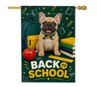 Drapeau de maison pour chiens français, sac à dos ludique avec fruits saisonniers, sac à dos pour retour au campus vert double face en toile de jute décorative pour extérieur, cour, pelouse, terrasse