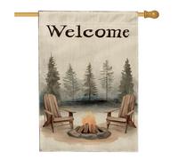 Drapeau de maison pour feu de camp, chaises Adirondack rustiques naturelles de pin, marron automne, double face en toile de jute pour extérieur, pelouse, cour, terrasse, entrée, 71,1 x 101,6 cm