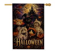 Drapeau de maison pour Halloween - 71 x 101 cm | Fond de manoir hanté, drapeau de cour, costumes de chat fantaisie, accents de feuillage d'automne, impression double face