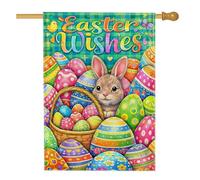 Drapeau de maison pour lapin, panier d'œufs de Pâques festifs de Pâques, pêche vive double face en toile de jute pour extérieur, pelouse, cour, terrasse, entrée, 71,1 x 101,6 cm