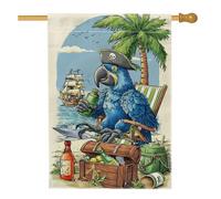 Drapeau de maison pour perroquet, palmier tropical dessin animé, coffre au trésor, toile de jute bleue d'été, drapeaux décoratifs double face pour porche, pelouse, cour, patio, entrée 71 x 101,6 cm