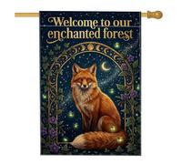 Drapeau de maison renard, lune mystique enchantée étoiles, bleu automne, double face, en toile de jute décorative pour extérieur, terrasse, pelouse, entrée, camping, 71 x 101,6 cm