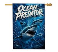 Drapeau de maison requin, prédateur marin réaliste en toile de jute bleue d'été double face pour extérieur, pelouse, cour, terrasse, entrée, 71,1 x 101,6 cm