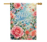 Drapeau de maison rose, aquarelle d'été colibri, papillon, pêche d'été, toile de jute, drapeaux décoratifs double face pour porche, pelouse, cour, patio, entrée 71 x 101,6 cm