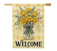 Drapeau de maison rose rustique, chrysanthème Mason Jar printemps jaune double face en toile de jute décorative pour extérieur, pelouse, cour, patio, entrée 71,1 x 101,6 cm