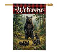 Drapeau de maison rustique noir avec inscription Welcome Bear Family Forest | Scène de forêt rustique, drapeau de cour, en-tête à carreaux de buffle, salutation de bienvenue, thème de la faune