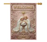 Drapeau de maison Sainte Famille, Noël élégant étoilé, roses, pêche, double face, en toile de jute décorative pour extérieur, pelouse, cour, patio, entrée 71,1 x 101,6 cm