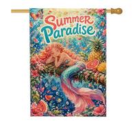 Drapeau de maison sirène, ananas tropical, pastèque, toile de jute bleue d'été, drapeaux décoratifs double face pour extérieur, cour, pelouse, patio, porte, entrée, 71,1 x 101,6 cm