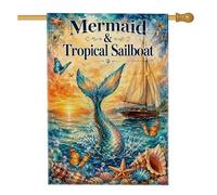 Drapeau de maison sirène, bateau à voile tropical, papillon, bleu d'été, toile de jute double face, drapeaux décoratifs pour extérieur, pelouse, cour, patio, entrée, 71,1 x 101,6 cm