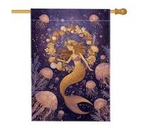 Drapeau de maison sirène fantaisie fantaisie en toile de jute violette double face pour extérieur, terrasse, pelouse, entrée, camping 71 x 101,6 cm