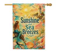 Drapeau de maison sirène - Phare nautique côtier - Coquillage d'été turquoise double face en toile de jute - Grand drapeau de jardin pour extérieur, pelouse, cour, patio, entrée - 71 x 101 cm