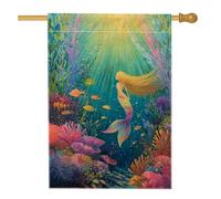 Drapeau de maison sirène, poisson fantaisie sous-marine, corail, bleu été, double face, toile de jute pour extérieur, pelouse, cour, terrasse, entrée, 71,1 x 101,6 cm