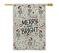 Drapeau de maison squelette dansant drôle avec citation de Noël 71,1 x | Squelettes dansants, drapeau de pelouse, chapeaux de Père Noël, guirlandes lumineuses de vacances, accents de flocon de neige