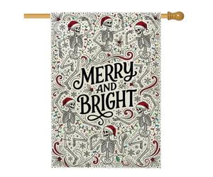 Drapeau de maison squelette dansant drôle avec citation de Noël 71,1 x | Squelettes dansants, drapeau de pelouse, chapeaux de Père Noël, guirlandes lumineuses de vacances, accents de flocon de neige