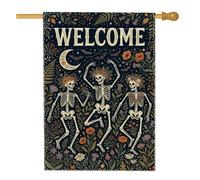 Drapeau de maison squelette, fleurs festives fantaisies lune Halloween toile de jute noire double face avant porche drapeaux décoratifs pour extérieur, cour, pelouse, patio, porte, entrée 71,1 x 101,6