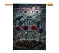 Drapeau de maison squelette, gothique effrayant rose corbeau Halloween noir double face en toile de jute décorative pour extérieur, pelouse, cour, patio, entrée 71,1 x 101,6 cm