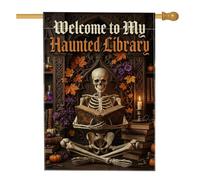 Drapeau de maison squelette gothique, livres effrayants, citrouilles, Halloween, toile de jute noire double face décorative pour extérieur, terrasse, pelouse, entrée, camping 71,1 x 101,6 cm