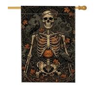 Drapeau de maison squelette, gothique vintage, corbeaux, citrouilles, Halloween, noir, double face en toile de jute pour porche, extérieur, terrasse, cour, pelouse, entrée, balcon, 71 x 101,6 cm