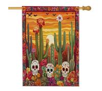 Drapeau de maison squelette occidental d'Halloween 71,1 x 101,6 cm pour extérieur, crâne du désert tropical mexicain standard en lin, drapeau de maison, motif cactus avant cour arrière-cour drapeau