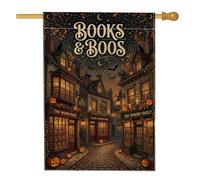 Drapeau de maison sur le thème de la librairie d'Halloween 71 x 101 cm | Scène de rue de librairie, drapeau de pelouse, thème littéraire, atmosphère de lecture confortable, tissu résistant aux