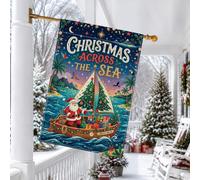 Drapeau de maison sur le thème de Noël tropical du Père Noël côtier 71,1 x | Thème île tropicale, drapeau de pelouse, bateau à voile, perroquets colorés, boîtes cadeaux, décoration de vacances côtières