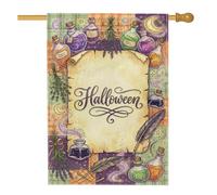 Drapeau de maison sur le thème des potions de sorcière d'Halloween 71 x 101 | Witchy Esthétique, drapeau de pelouse, fond parchemin, herbes magiques, plume et encrier, lune et étoiles