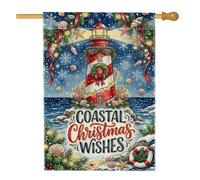 Drapeau de maison sur le thème du phare de Noël côtier 71,1 x 101,6 cm | Thème nautique, drapeau de pelouse, coquillages et étoiles de mer, atmosphère hivernale au pays des merveilles