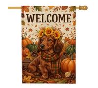 Drapeau de maison Teckel d'automne 71,1 x 101,6 cm | Tournesol royal, drapeau de pelouse, écharpe à carreaux, citrouilles et pommes de pin, feuillage d'automne