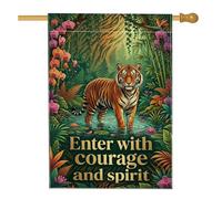 Drapeau de maison tigre, feuillage d'orchidée tropicale, vert d'été, toile de jute double face, décoration extérieure pour extérieur, cour, pelouse, patio, porte, entrée, 71 x 101,6 cm