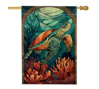 Drapeau de maison tortue, algues coralliennes artistiques sous-marines, turquoise, double face, en toile de jute pour porche, extérieur, terrasse, pelouse, entrée, camping, 71 x 101,6 cm