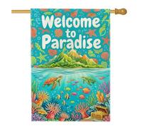 Drapeau de maison tortue, corail tropical vif, montagne, été, turquoise, double face en toile de jute pour extérieur, pelouse, cour, terrasse, entrée, 71 x 101,6 cm