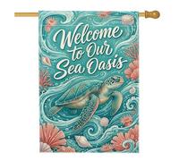 Drapeau de maison tortue, océan, coquillage de corail tropical, bleu sarcelle, double face en toile de jute pour extérieur, cour, pelouse, terrasse, porte, entrée, 71 x 101,6 cm
