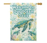 Drapeau de maison tortue, océan, corail tropical, étoile de mer, turquoise, toile de jute double face, décoration extérieure pour extérieur, terrasse, cour, pelouse, entrée, balcon, 71 x 101 cm