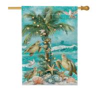 Drapeau de maison tortue, plage, palmier tropical, coquillage, été, turquoise, double face en toile de jute pour extérieur, pelouse, cour, terrasse, entrée, 71,1 x 101,6 cm