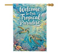 Drapeau de maison tortue, poisson corail tropical vif bleu d'été double face en toile de jute décorative pour extérieur, pelouse, cour, patio, entrée 71 x 101,6 cm