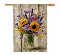 Drapeau de maison tournesol, pot Mason floral rustique fleurs violettes d'été jaune toile de jute double face pour extérieur, terrasse, cour, pelouse, entrée, balcon, 71 x 101 cm