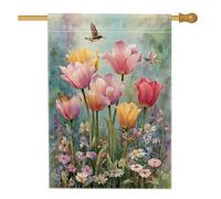 Drapeau de maison tulipe, motif colibri, papillon, pêche, double face, en toile de jute décorative pour extérieur, terrasse, pelouse, entrée, camping, 71,1 x 101,6 cm