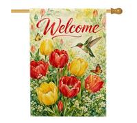 Drapeau de maison tulipe, motif floral printanier, colibri, papillon, printemps, rouge, double face, en toile de jute décorative pour extérieur, terrasse, cour, pelouse, entrée, balcon, 71,1 x 101,6