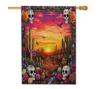 Drapeau de maison vertical en lin pour Halloween, squelette occidental, 71,1 x 101,6 cm, double face pour l'extérieur, crâne du désert tropical mexicain, drapeau imprimé pour la maison, motif cactus