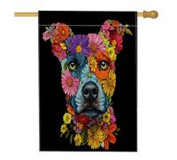 Drapeau de maison vertical en lin pour jardin Pitbull de printemps 71 x 101,6 cm double face pour l'extérieur, art floral noir, drapeau imprimé pour maison, animal domestique, extérieur