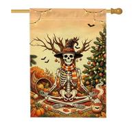 Drapeau de maison zen en méditation squelette sorcière 71,1 x 101,6 cm | Chapeau de sorcière, drapeau de pelouse, écharpe rayée, arbre décoré, corne d'abondance, cacao chaud confortable