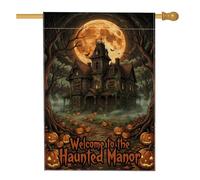 Drapeau de manoir hanté, citrouilles gothiques effrayantes, lune, Halloween, orange, double face, en toile de jute pour porche, extérieur, cour, pelouse, patio, porte, entrée, 71,1 x 101,6 cm