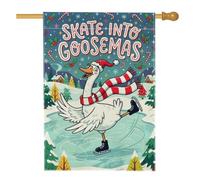 Drapeau de Noël amusant avec citation de patinage sur glace 71,1 x 101,6 cm | Chapeau de Père Noël, drapeau de cour, écharpe rayée, patinage sur glace, paysage d'hiver, pins, sucre d'orge