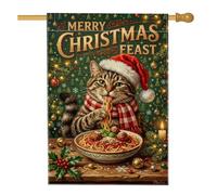 Drapeau de Noël amusant avec motif de chat spaghetti, 71,1 x 101,6 cm | Illustration de chat tigré, drapeau de pelouse, dîner spaghetti, chapeau de Père Noël, thème d'hiver festif