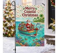 Drapeau de Noël avec bateau tropical 30,5 x 45,7 cm | Scène tropicale, drapeau de pelouse, Père Noël dans un bateau, récif de corail coloré, vie marine, animaux marins