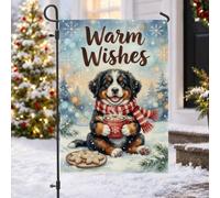 Drapeau de Noël avec citation chien de montagne bernois 30,5 x 45,7 cm | Chiot bouvier bernois, drapeau de cour, écharpe rayée rouge, tasse à cacao, biscuit au pain d'épices