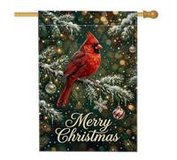 Drapeau de Noël Cardinal 71,1 x 101,6 cm | Branches de pin enneigées, drapeau de pelouse, boules suspendues, fond lumineux halo, décoration de cour saisonnière